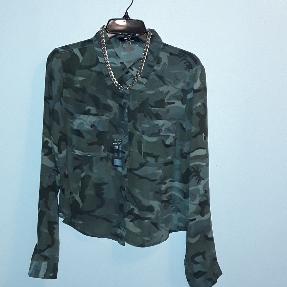 Cropped sheer army fatigue button down shirt